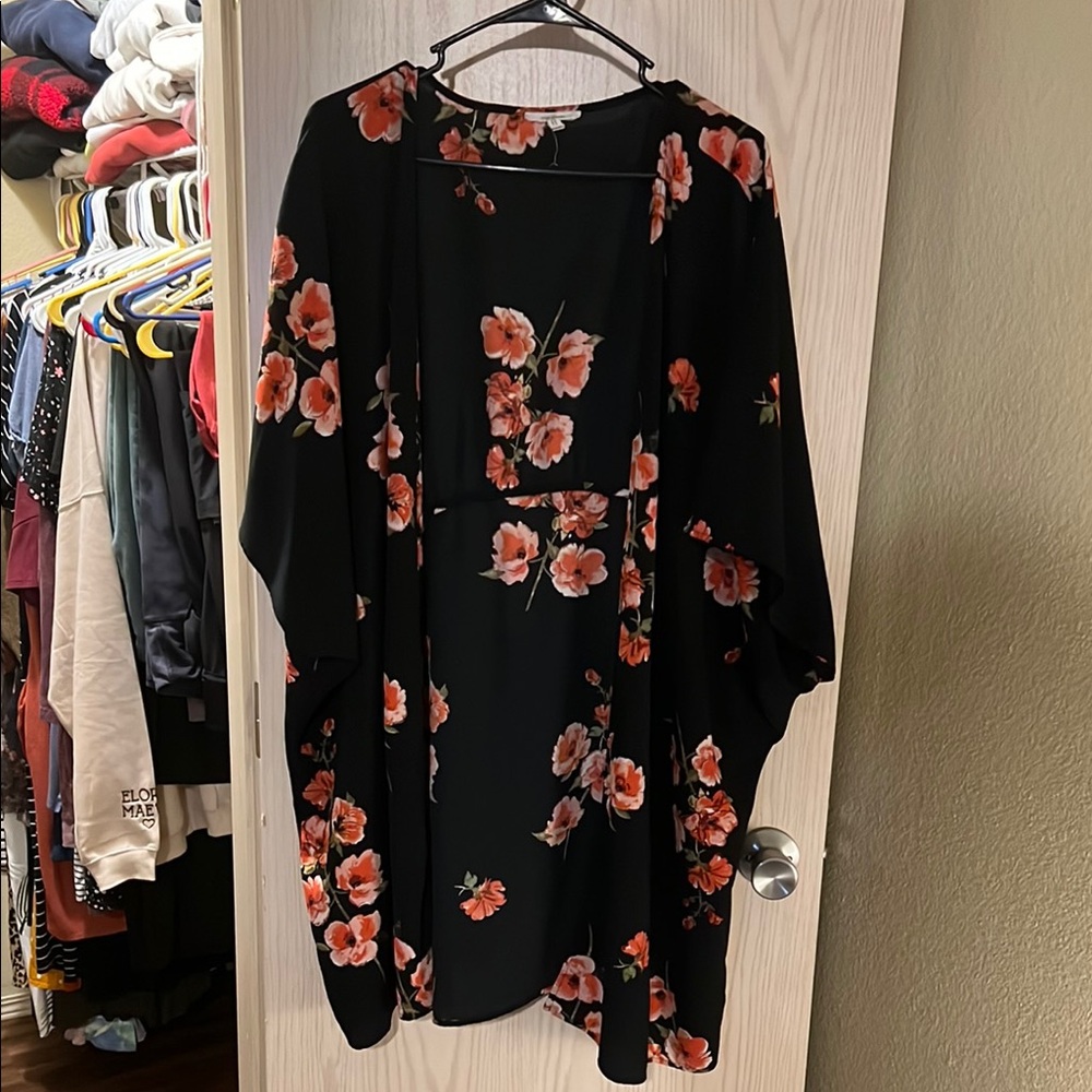 Maurices Black and Orange Floral Kimono